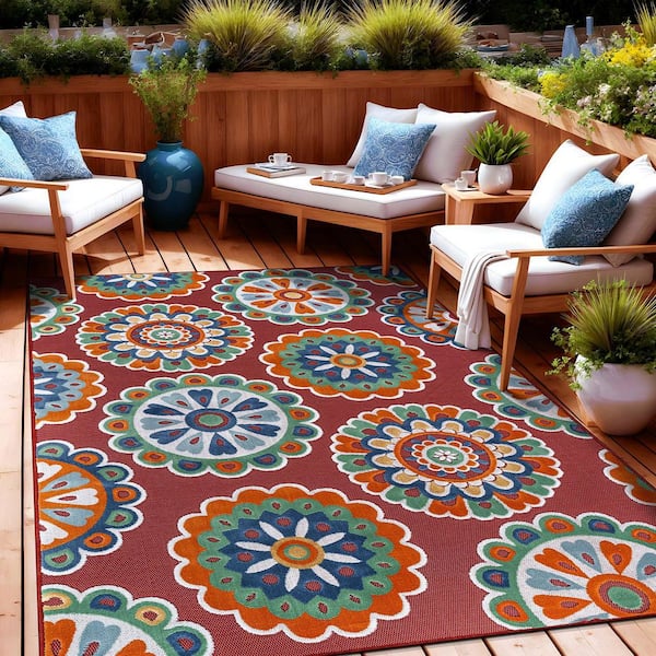 Mandala Red 10 ft. x 14 ft. Washable Bohemian Medallion Indoor Outdoor Area Rug