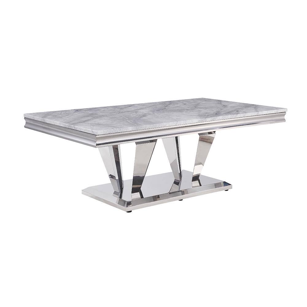 Elegant 54'' Light Grey Marble & Mirrored Silver Coffee Table