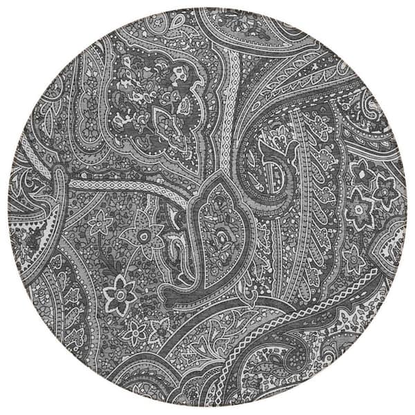 Gray, Silver, Charcoal 8 ft. Round Woven Paisley Polyester Round Indoor/Outdoor Area Rug