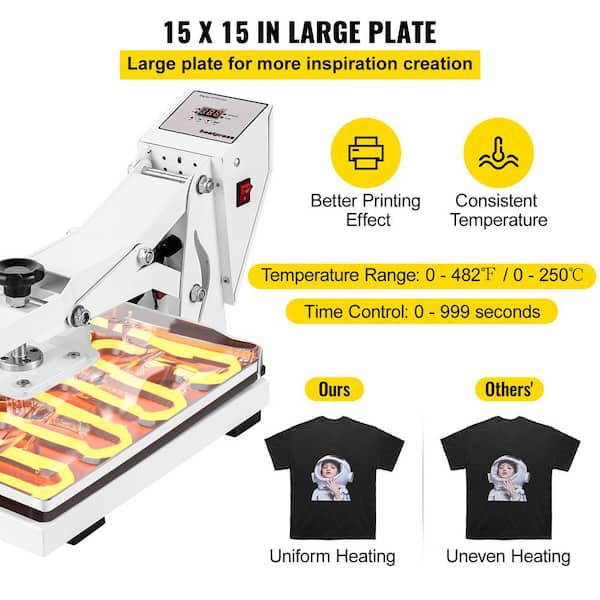 VEVOR Heat Press Machine 15 in. x 15 in. Digital Heat Transfer Machine with  Teflon Coated Clamshell Sublimation Transfer,White GDSYD1515110VBP0EV1 -  The Home Depot