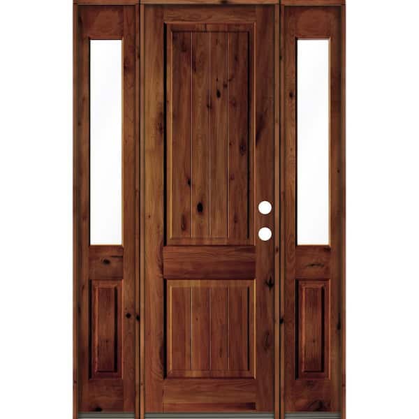 Krosswood Doors 58 in. x 96 in. Rustic Alder Square Red Chestnut Stained Wood V-Groove Left Hand Single Prehung Front Door