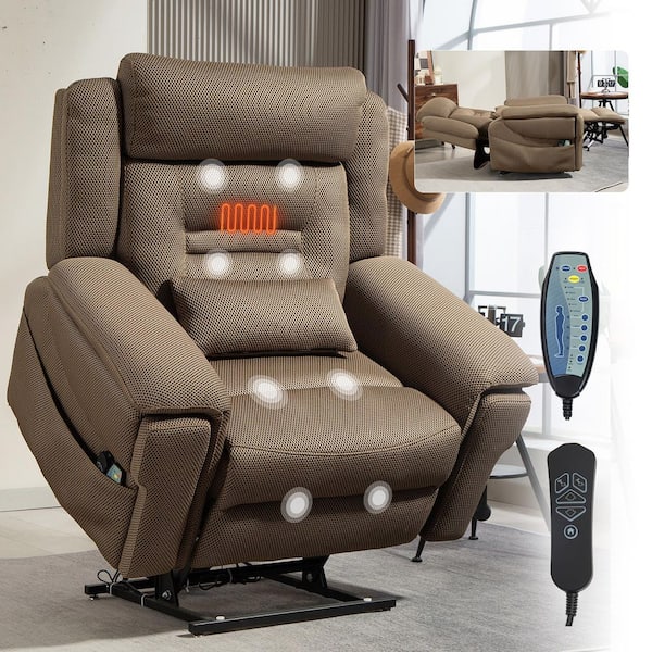 Brown Extra-Wide Dual Motor Breathable Mesh Fabric Power Lift Recliner with Wireless Charging and Cup Holder