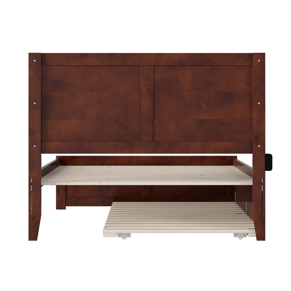 Walnut Wood Full Platform Bed with Trundle and USB Charger