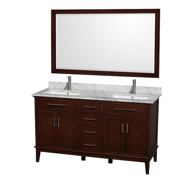 Wyndham Collection Hatton 60 in. Vanity in Dark Chestnut with Marble Vanity Top in Carrara White, Square Sink and 56 in. Mirror