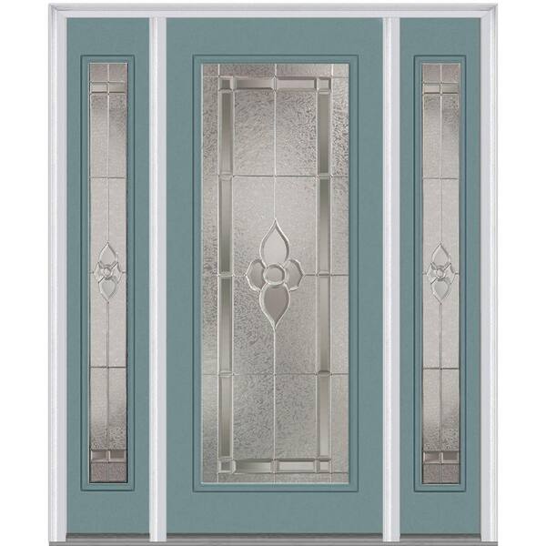 MMI Door 64 in. x 80 in. Master Nouveau Left-Hand Full Lite Decorative Painted Fiberglass Smooth Prehung Front Door w/ Sidelites