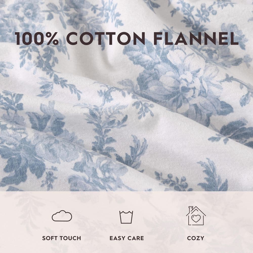 Vanessa Blue Floral Cotton Twin Flannel Sheet Set