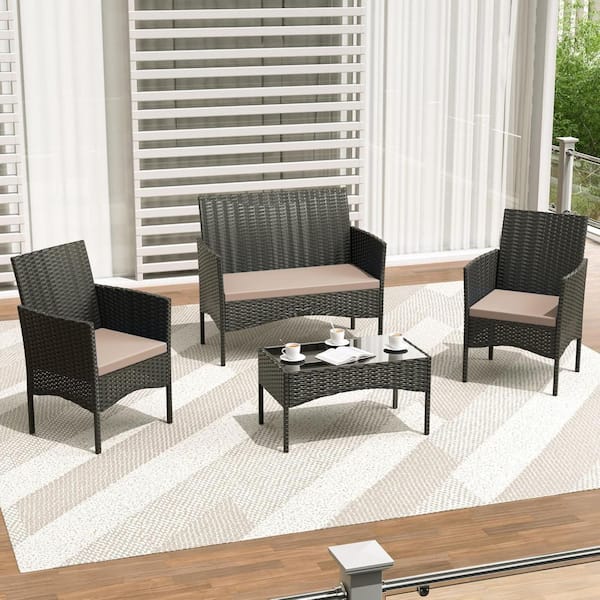 4-Piece Wicker Outdoor Sectional Set with Coffee Table and Cushion Khaki for Conversation, Deck, Backyard, Lawn
