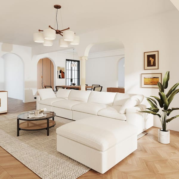 Down Filled 157 in. Square Arm 4-Seater Linen Cloud Modular Tuxedo Sofa with Chaise Ottoman, Washable Covers in White