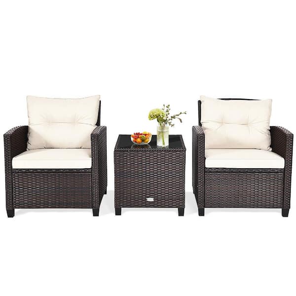 3-Piece Wicker Outdoor Patio Conversation Set Garden Yard with Off White Cushions