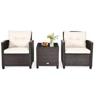 3-Piece Wicker Outdoor Patio Conversation Set Garden Yard with Off White Cushions