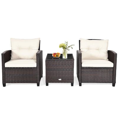 3-Pieces Outdoor Patio Rattan Conversation Set Garden Yard with Off White Cushions