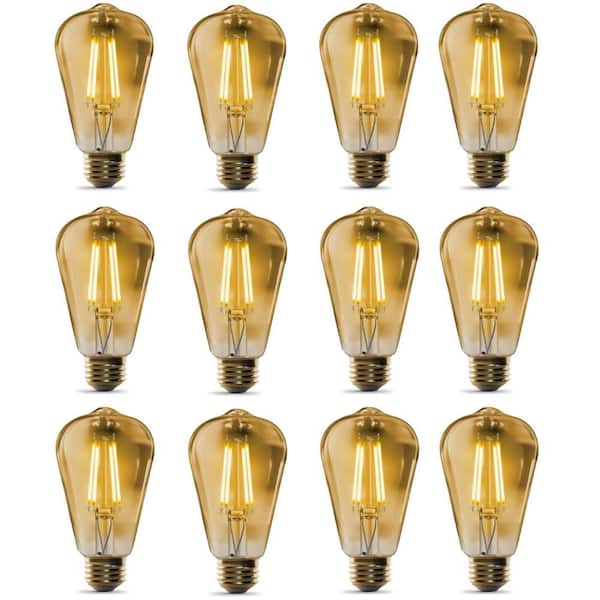 Feit Electric 60-Watt Equivalent ST19 Straight Filament Dusk to Dawn Amber Glass E26 Vintage Edison LED Light Bulb Warm White(12-Pack)