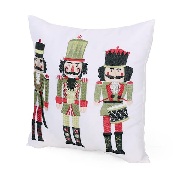 Noble House Cibola White Nutcrackers Polyester 18 in. x 18 in. Christmas Throw Pillow Cover