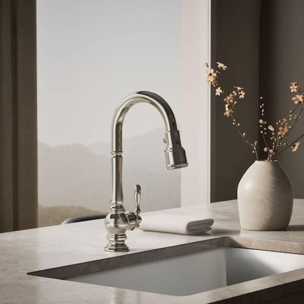 Artifacts Single-Handle Pull-Down Sprayer Kitchen Faucet in Vibrant Polished Nickel
