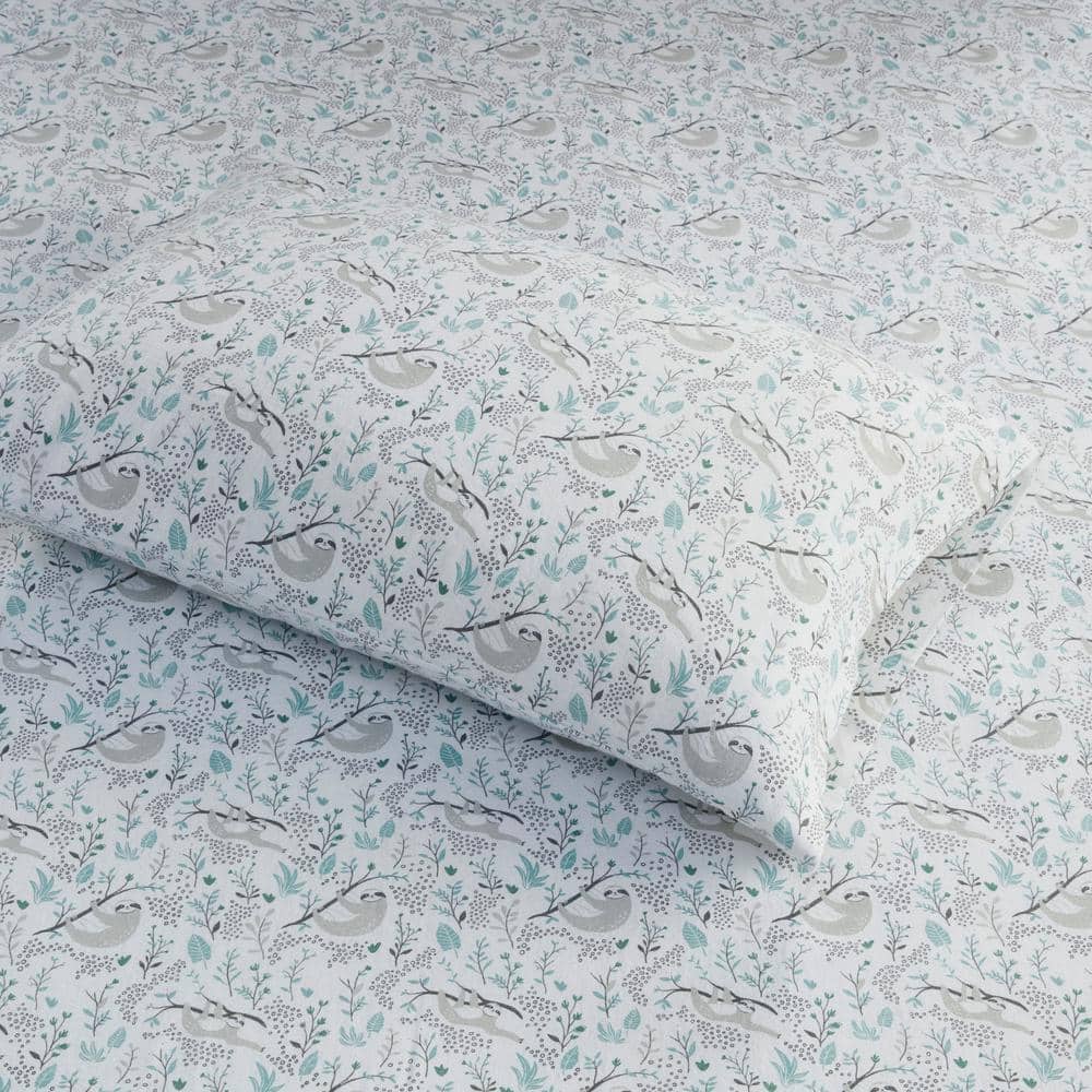 Gray Sloth Print Twin Cotton Flannel Sheet Set