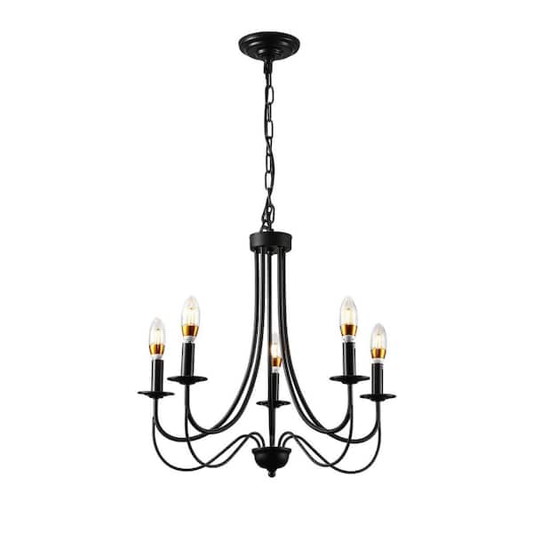 OUKANING 23.62 in. 5-Light Black Candlestick Chandelier Metal Retro Elegant Farmhouse Style