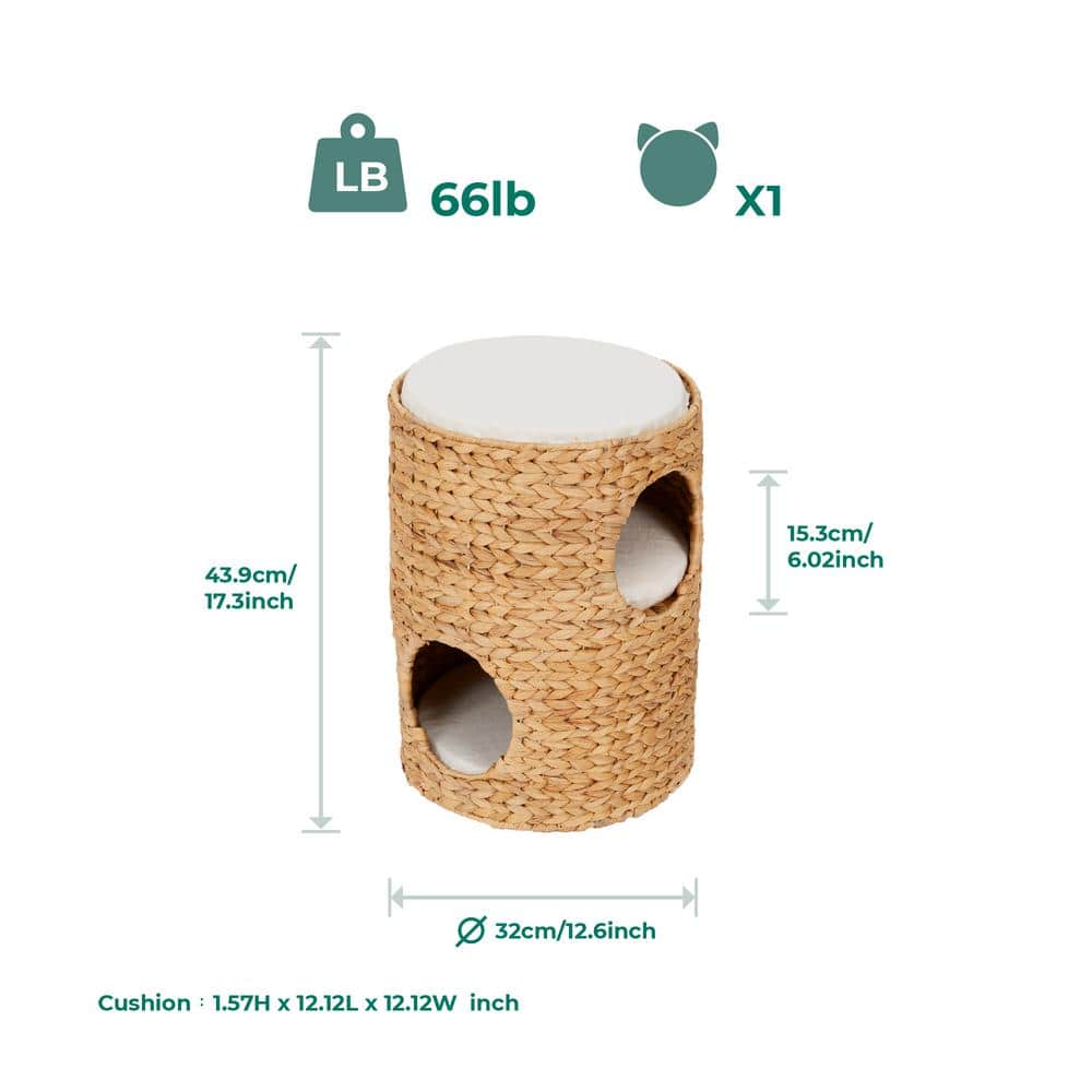 Tan Woven Water Hyacinth 3-Tier Cat Tower with Cushions