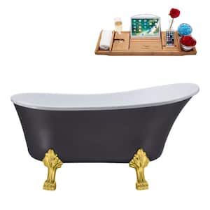 55 in. Acrylic Clawfoot Non-Whirlpool Bathtub in Matte Grey With Polished Gold Clawfeet And Brushed Gold Drain