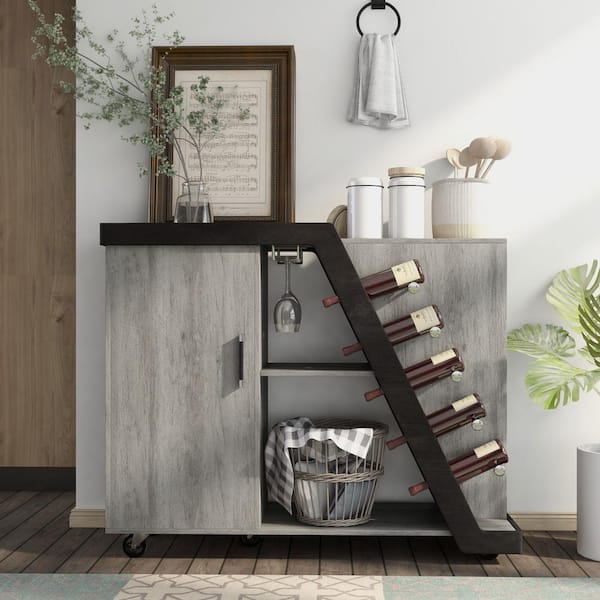 Furniture of America Ando 5-Bottle Vintage Gray Oak Mobile Wine Cabinet