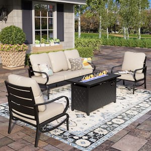 Black 4-Piece Metal Slatted 5 Seat Steel Outdoor Patio Conversation Set with Beige Cushions, Rectangular Fire Pit Table