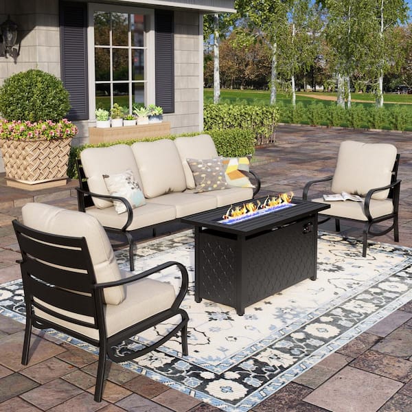 PHI VILLA Black 4-Piece Metal Slatted 5 Seat Steel Outdoor Patio Conversation Set with Beige Cushions, Rectangular Fire Pit Table