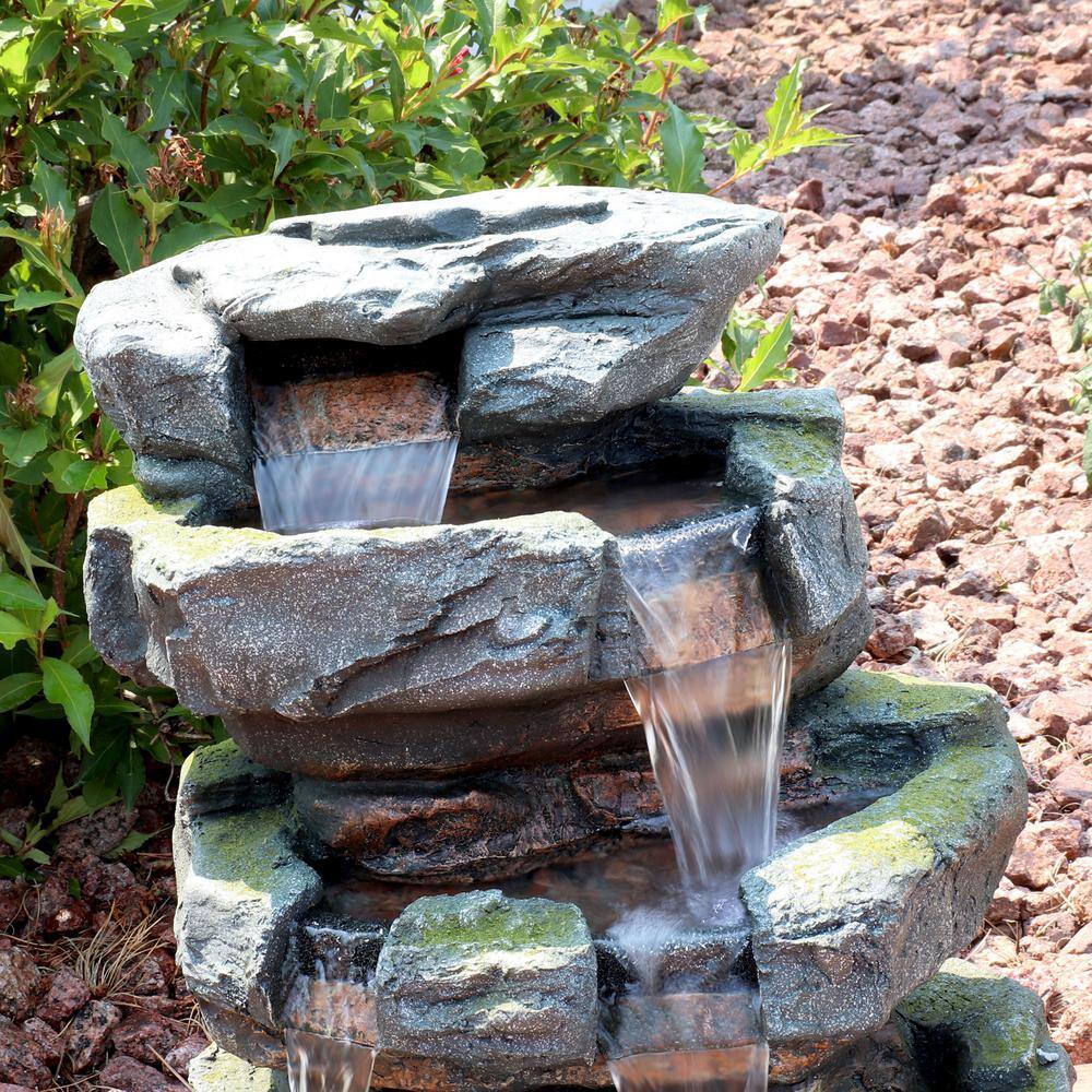 24" Gray and Green Polyresin Tiered Water Fountain with LED Lights