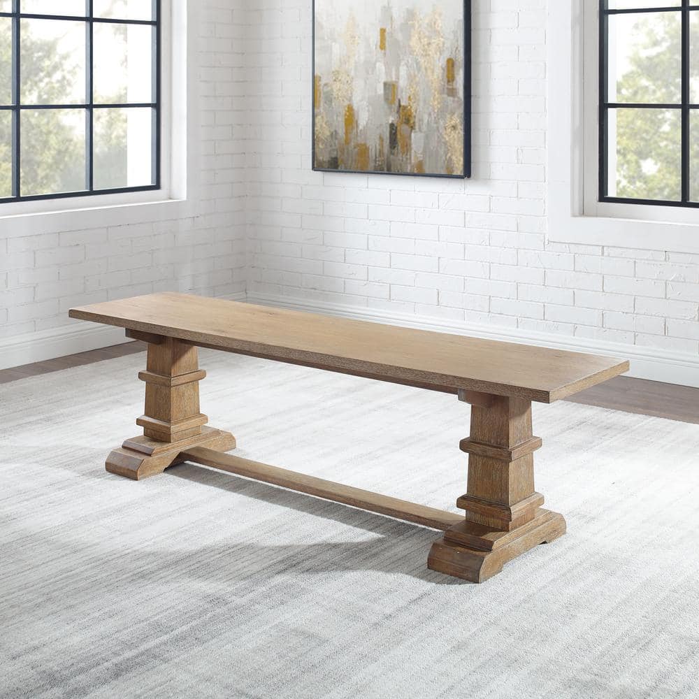 Rustic Brown Farmhouse Wood Dining Bench with Pedestal Columns