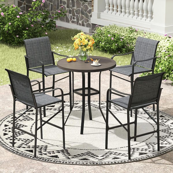 5-Piece Gray Metal Round Outdoor Bistroor Set with Gray Chair for Lawn Garden