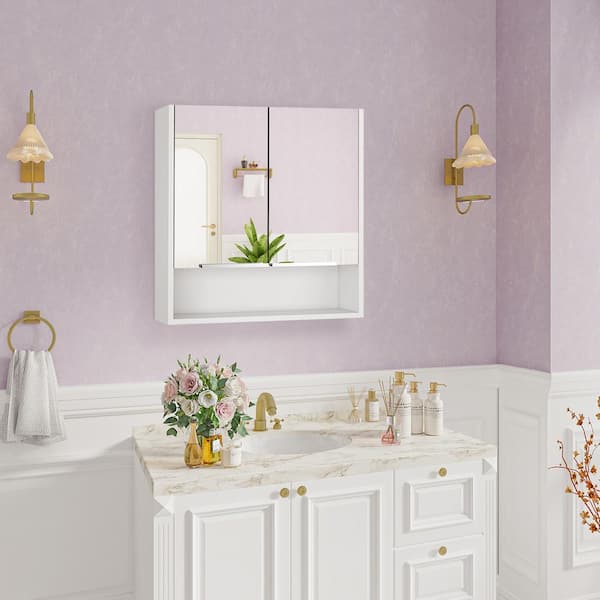 WELLFOR 23.62 in. W x 24.61 in. H Rectangular Wooden Medicine Cabinet with Mirror, White