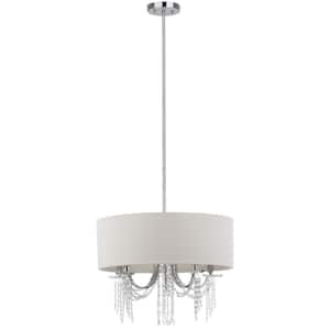 Cotillion 5-Light Chrome/Crystal Beaded Drum Hanging Pendant Lighting with Beige Shade