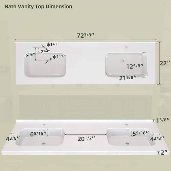 72 in. W x 22 in. D Solid Surface White Rectangular Double Sinks Bath Vanity Top in White with 1.38 in. Backsplash Basin