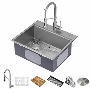 Loften Drop-In/Undermount 18Gauge Stainless Steel 25in. Single Bowl Workstation Kitchen Sink and Faucet with Accessories