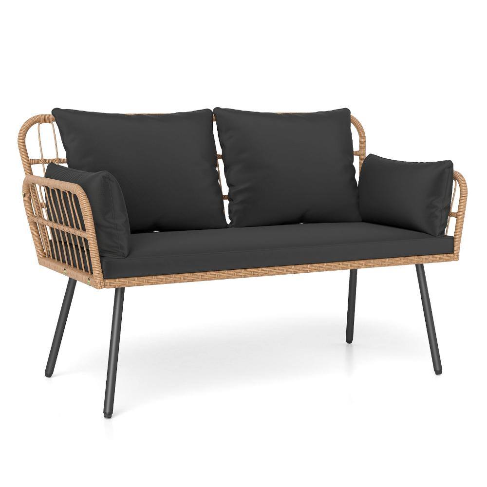 Wicker Patio 2-Seat Loveseat with Black Seat Back and Side Cushions on Heavy-Duty Metal Legs price history on PriceWatchPro