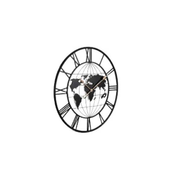 Tatahance 36 in. Black Metal Decorative Silent World Map Wall Clock with Gold Pointers