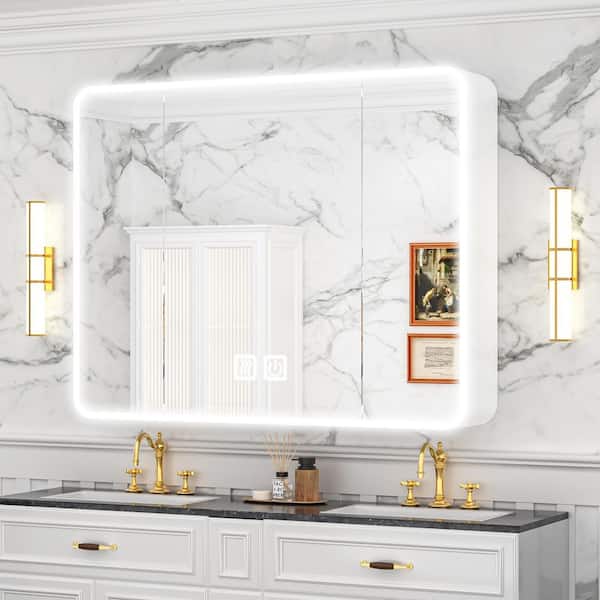 35 in. W x 28 in. H Rectangular Aluminum Medicine Cabinet with Mirror and Light, Dimmable, Defogger, Black