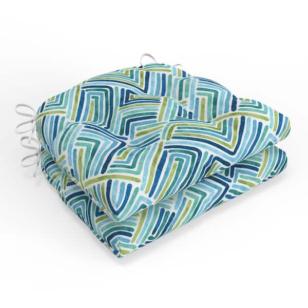 Pillow Perfect Geometric 17.5 in W x 4 in H Square Outdoor Tufted Wicker Seat Cushion with Ties 2-Count in Estie Ocean