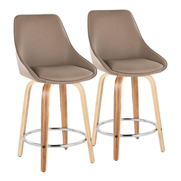 Lumisource Diana 24.75 in. Brown Faux Leather, Zebra Wood, and Chrome Metal Fixed-Height Counter Stool (Set of 2)