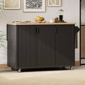 Black Wood 51.3 in. Kitchen Island with Drop Leaf, Kitchen Cart with 3 Doors, Towel Rack