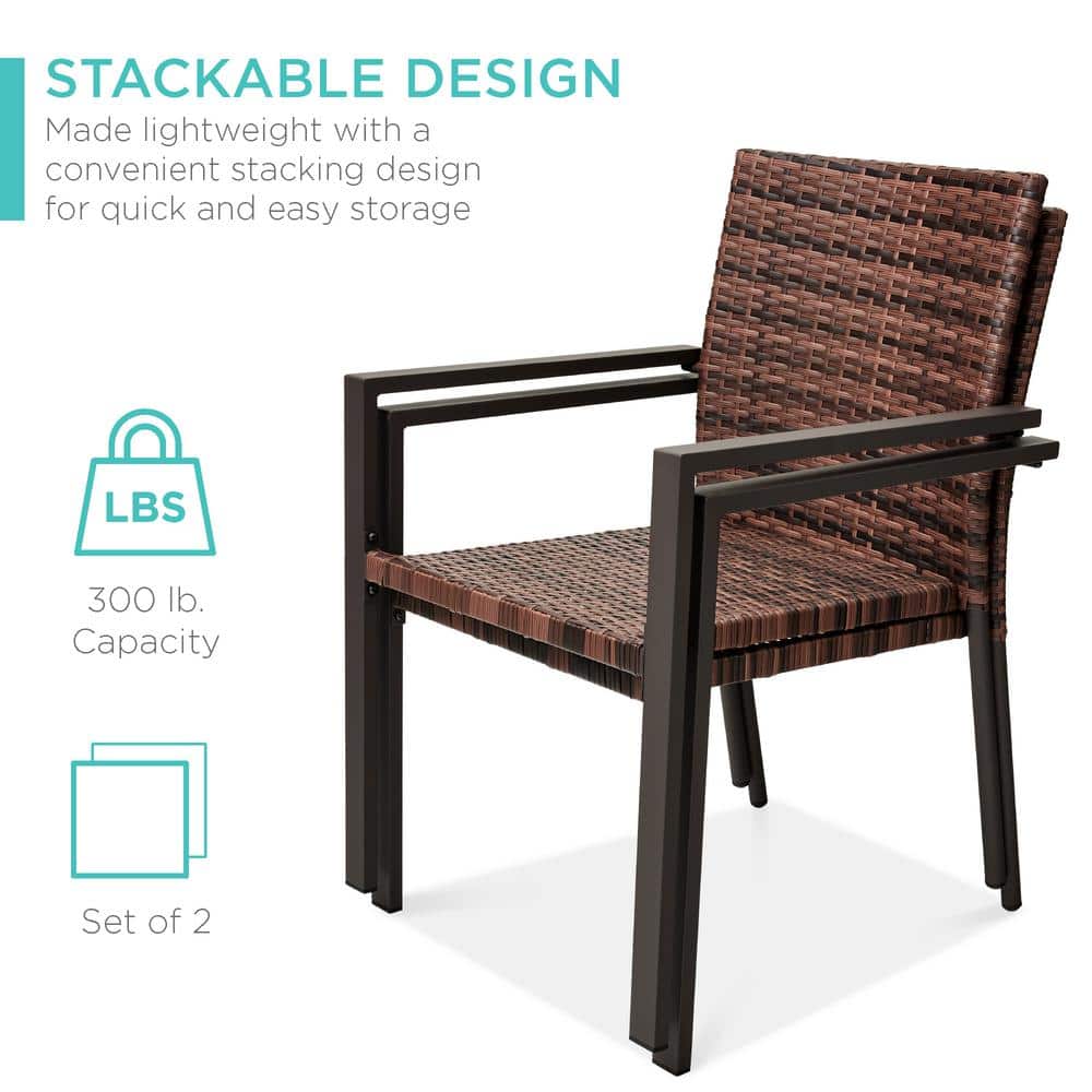 Set of 2 Light Brown Wicker and Steel Stackable Outdoor Dining Chairs