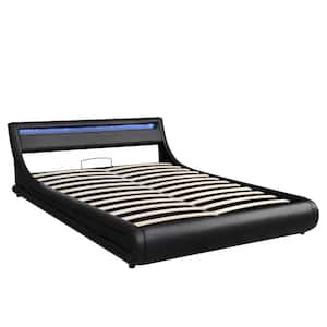 65.70 in. W Queen Upholstered Leather Platform bed in Black with a Hydraulic Storage System, LED Light Headboard