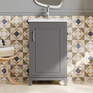 20 in.W Grey Freestanding Bathroom Vanity Storage Cabinet with White Ceramic Sink Top, Solid Wood Legs, Silver Handles