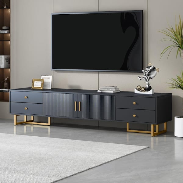 Harper Bright Designs Modern Wave Groove Pattern Black TV Stand Fits TVs up to 65 to 75 in. with Storage Drawers and Cabinet WC016AAB