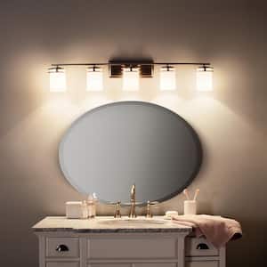 Hendrik 43 in. 5-Light Brushed Nickel Contemporary Bathroom Vanity Light with Etched Glass Shade