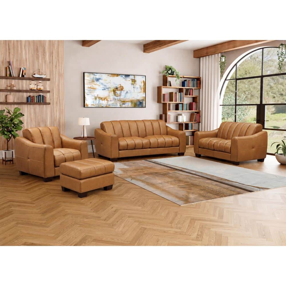 Bayeux 84 in. Sloped Arm Top Grain Leather Rectangle Sofa with Channeled Seat and Back in Cinnamon