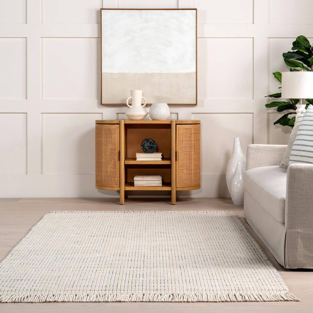 Ivory Flat Woven Handmade Wool Rug with Fringe, 8' x 10'