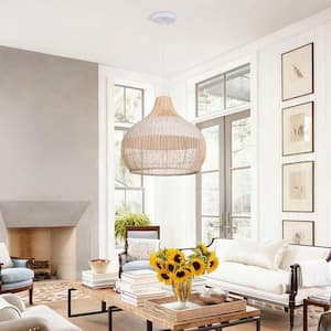 1-Light Two-Tone Hand-Woven Open-Weave Rattan Pendant Light, White and Natural Basket Shape, No Bulbs Included 24 in.