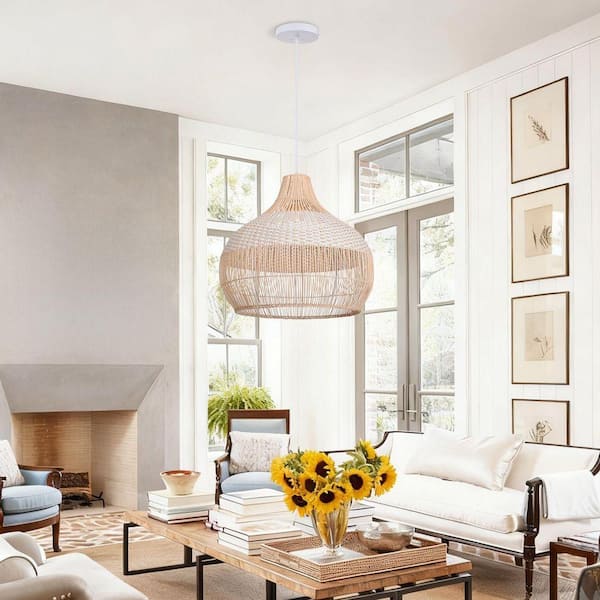 1-Light Two-Tone Hand-Woven Open-Weave Rattan Pendant Light, White and Natural Basket Shape, No Bulbs Included 24 in.