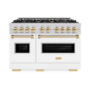 Classic 48 in. 8-Burner Gas Range with Double Oven in Stainless Steel, Matte White, and Polished Gold