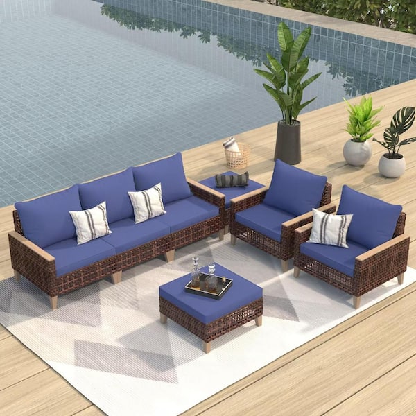Cesicia All-Weather Wicker 7 Pieces 5-Seat Outdoor Sectional Set with Ottomans and Blue Cushions for Pool Patio Backyard