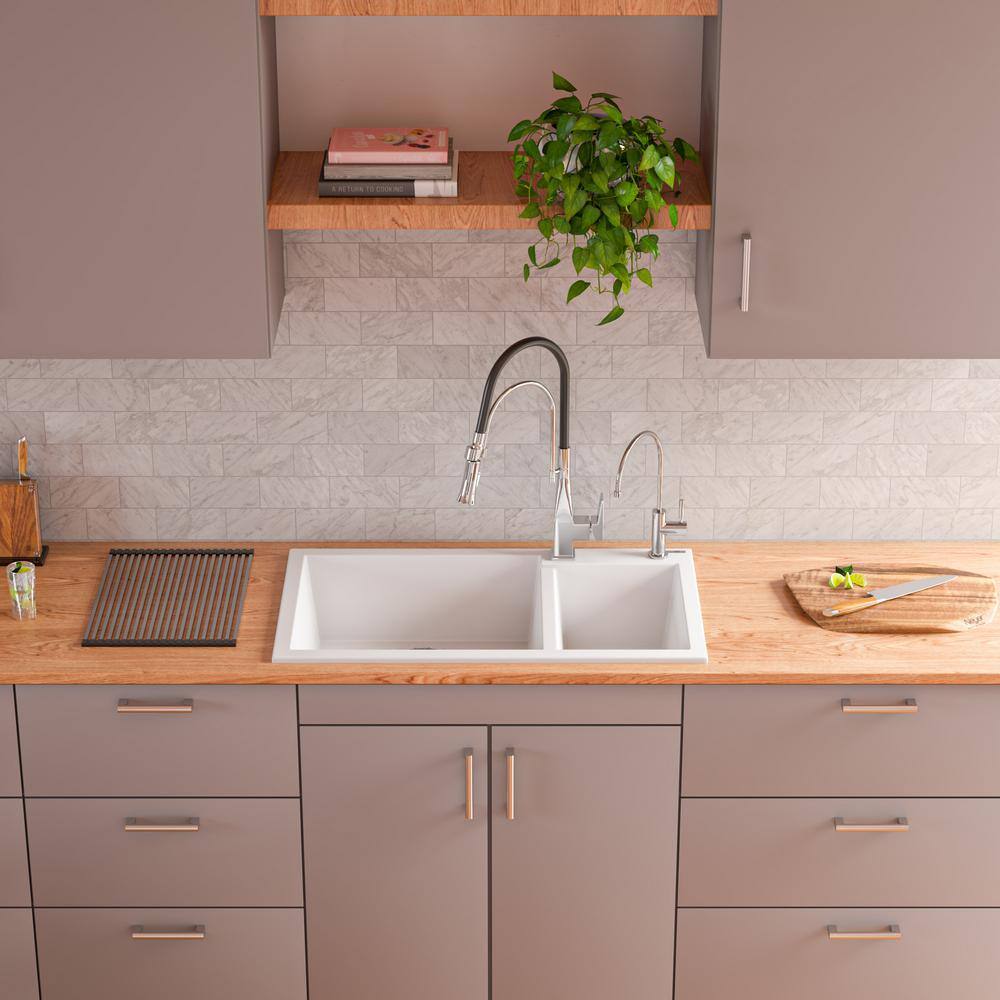 White 34" Double Bowl Drop-In Granite Composite Kitchen Sink